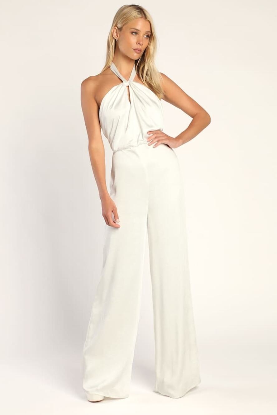 NWT Lulus Adoring Angel Ivory Satin Wide-Leg Halter Jumpsuit Luxurious Soft Sz S